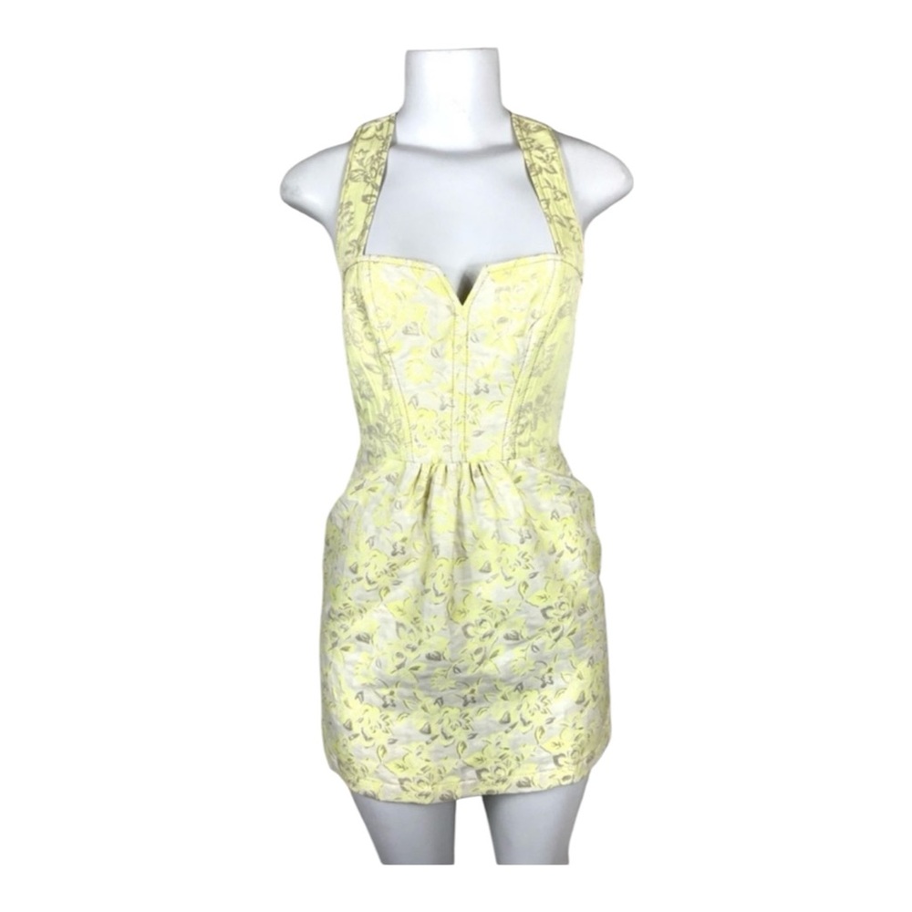 Kimchi Blue Anthropologie Dress Sleeveless Yellow Floral Gold Jacquard Party